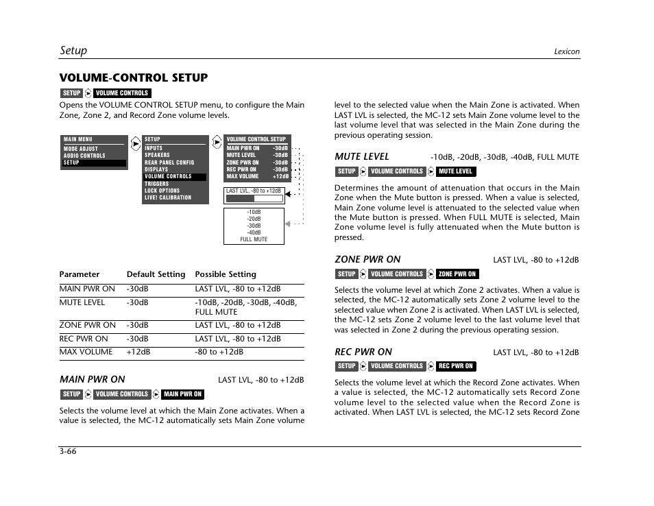 Volume-control setup -66, Setup, Volume-control setup | Main pwr on, Mute level, Zone pwr on, Rec pwr on | Lexicon Digital Controller MC-12 User Manual | Page 110 / 208