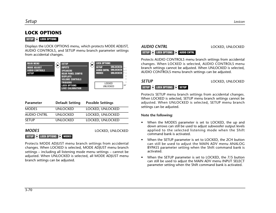 Lock options -70, Setup, Lock options | Modes, Audio cntrl | Lexicon Digital Controller MC-12 User Manual | Page 114 / 208