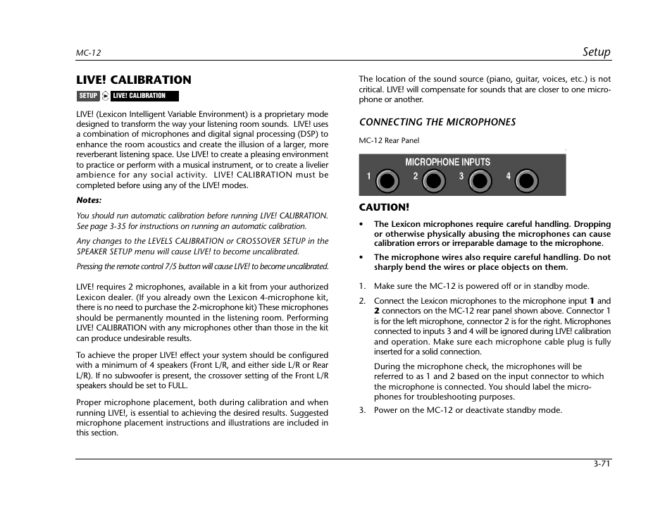 Live! calibration -71, Setup, Live! calibration | Lexicon Digital Controller MC-12 User Manual | Page 115 / 208