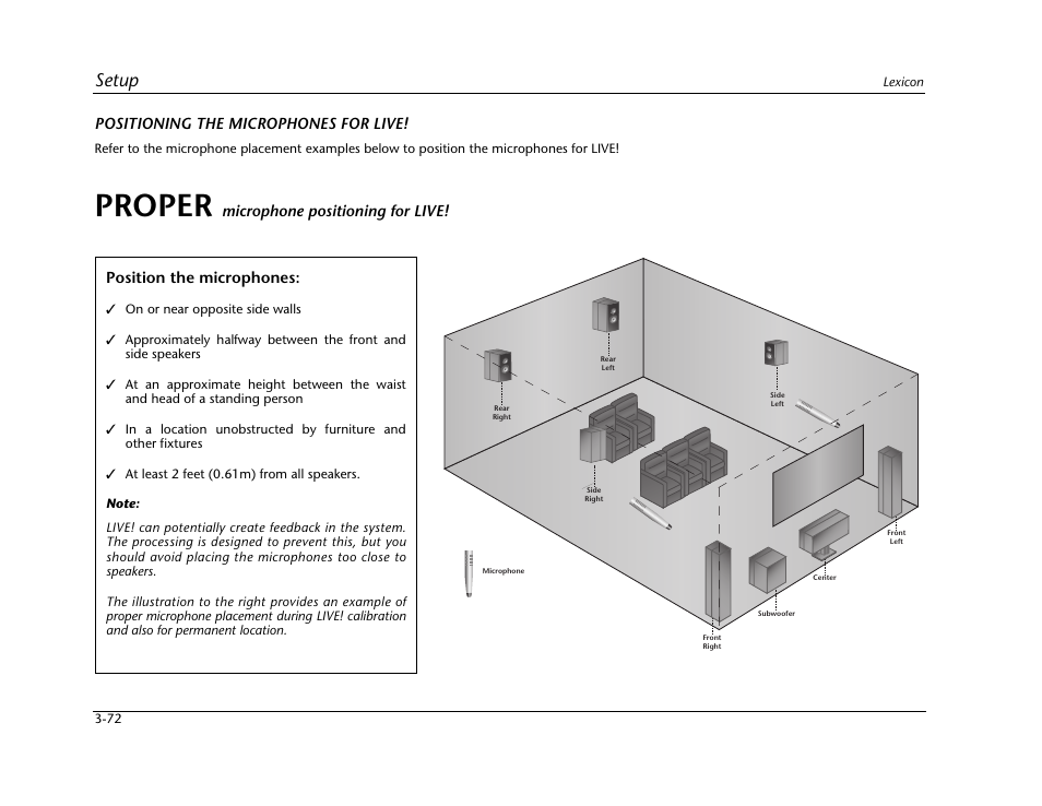 Proper, Setup, Positioning the microphones for live | Position the microphones, Microphone positioning for live | Lexicon Digital Controller MC-12 User Manual | Page 116 / 208