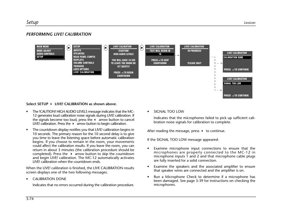 Setup, Performing live! calibration | Lexicon Digital Controller MC-12 User Manual | Page 118 / 208