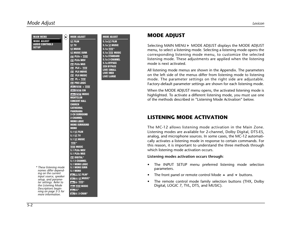 Mode adjust -2 listening mode activation -2, Mode adjust, Listening mode activation | Lexicon Digital Controller MC-12 User Manual | Page 128 / 208