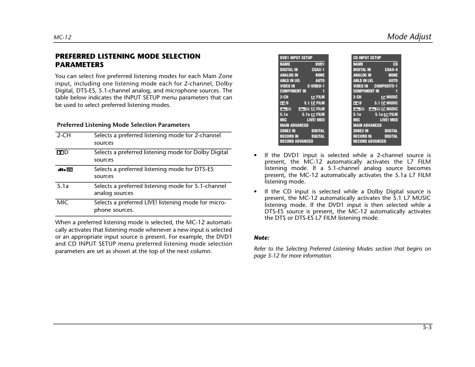 Preferred listening mode selection parameters -3, Mode adjust, Preferred listening mode selection parameters | Lexicon Digital Controller MC-12 User Manual | Page 129 / 208