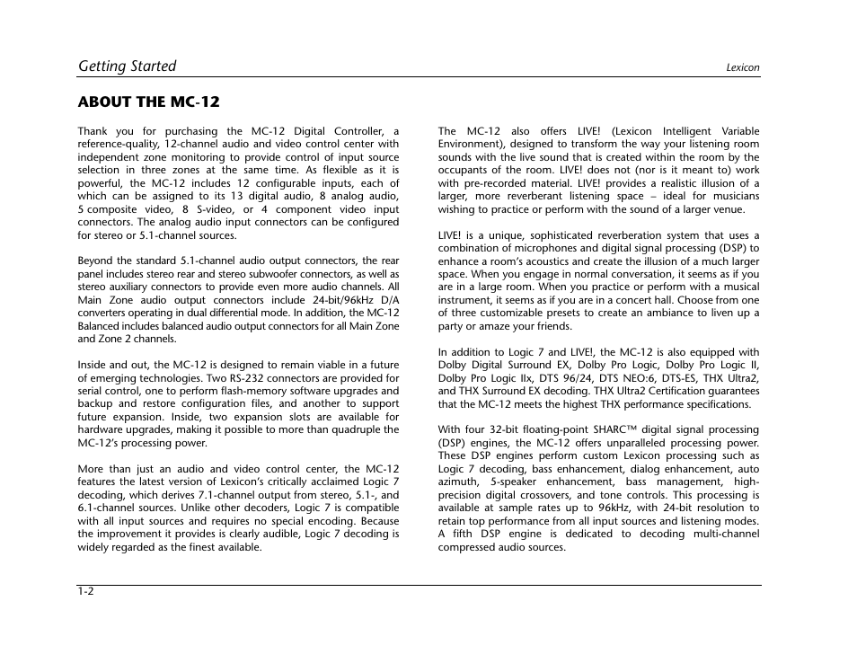 About the mc-12 -2, Getting started, About the mc-12 | Lexicon Digital Controller MC-12 User Manual | Page 14 / 208