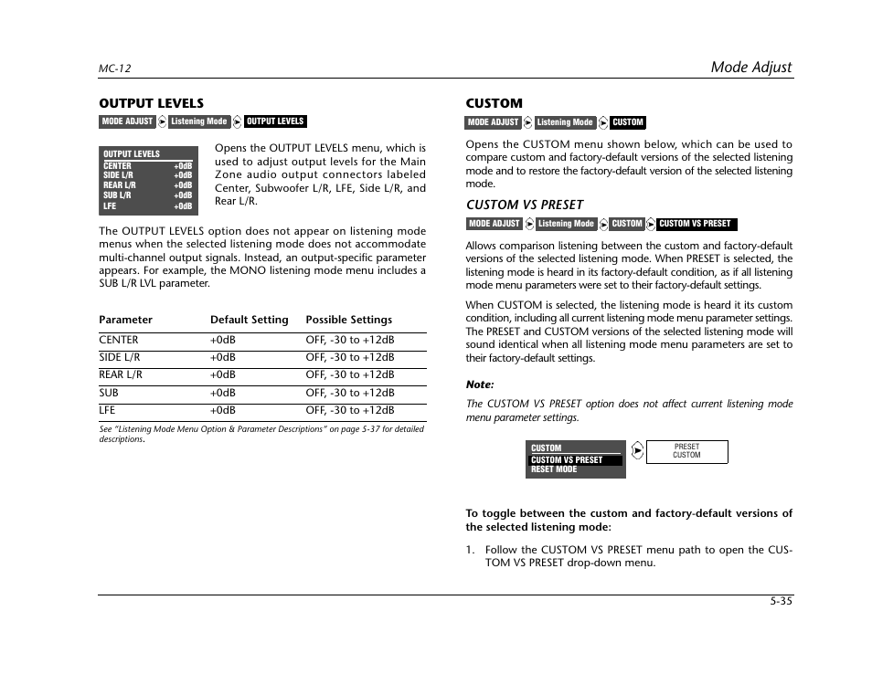 Mode adjust, Output levels, Custom | Custom vs preset | Lexicon Digital Controller MC-12 User Manual | Page 161 / 208