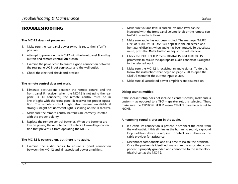 Troubleshooting -2, Troubleshooting & maintenance, Troubleshooting | Lexicon Digital Controller MC-12 User Manual | Page 176 / 208