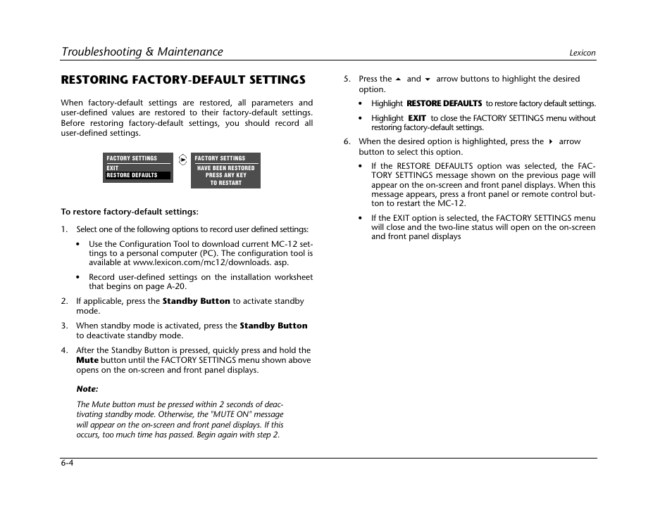 Restoring factory-default settings -4, Troubleshooting & maintenance, Restoring factory-default settings | Lexicon Digital Controller MC-12 User Manual | Page 178 / 208