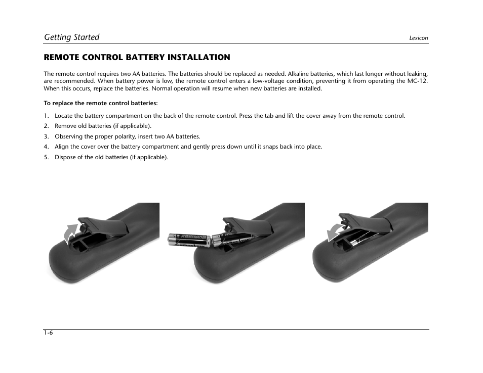 Remote control battery installation -6, Getting started, Remote control battery installation | Lexicon Digital Controller MC-12 User Manual | Page 18 / 208