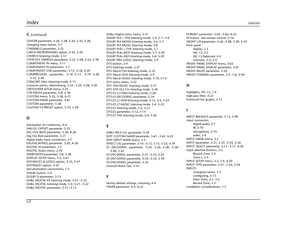 Index | Lexicon Digital Controller MC-12 User Manual | Page 202 / 208