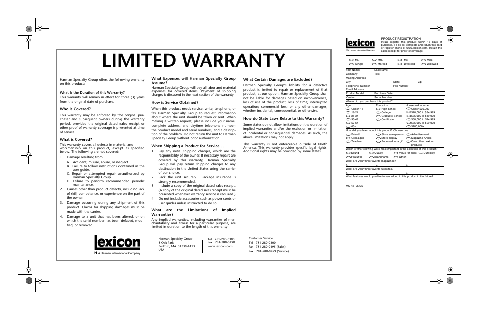 Limited warranty | Lexicon Digital Controller MC-12 User Manual | Page 207 / 208