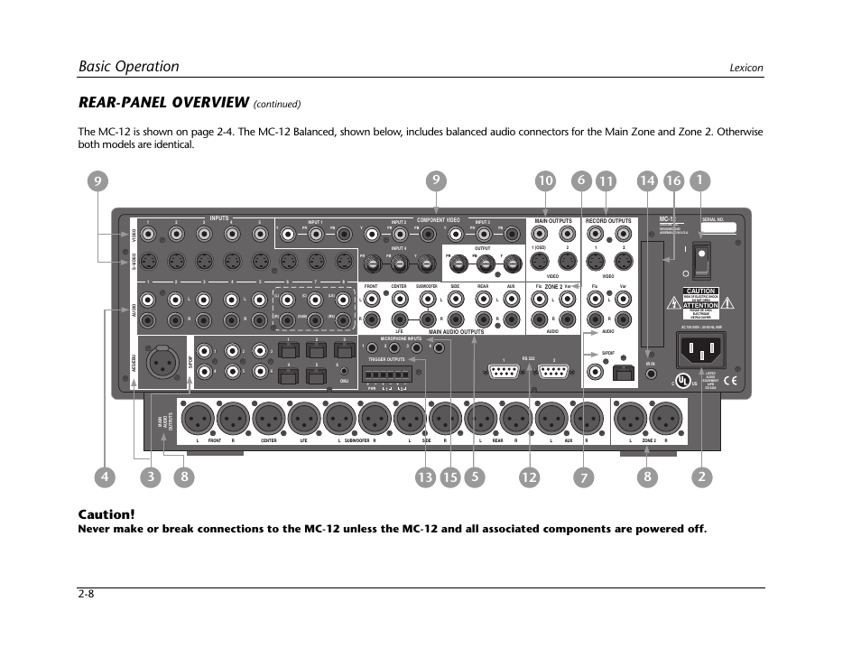 Basic operation, Rear-panel overview, Caution | Lexicon 2-8, Continued) | Lexicon Digital Controller MC-12 User Manual | Page 26 / 208