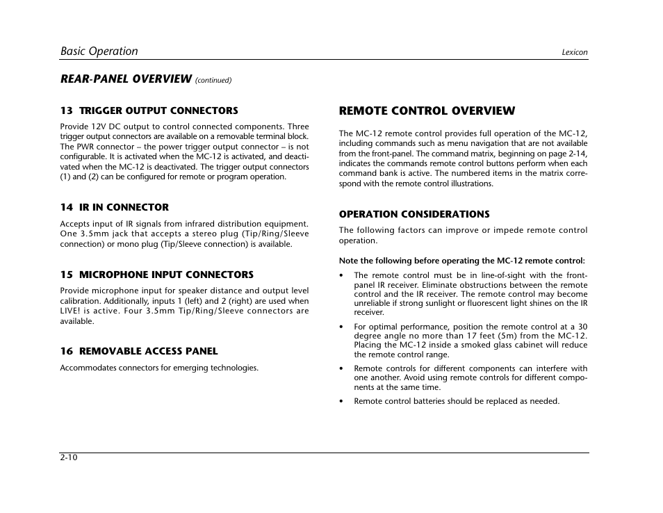 Remote control overview -10, Operation considerations -10, Basic operation | Rear-panel overview, Remote control overview | Lexicon Digital Controller MC-12 User Manual | Page 28 / 208