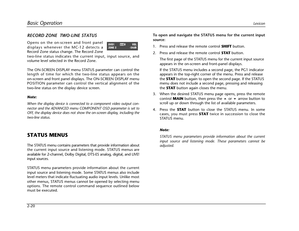 Status menus -20, Basic operation, Status menus | Lexicon Digital Controller MC-12 User Manual | Page 38 / 208