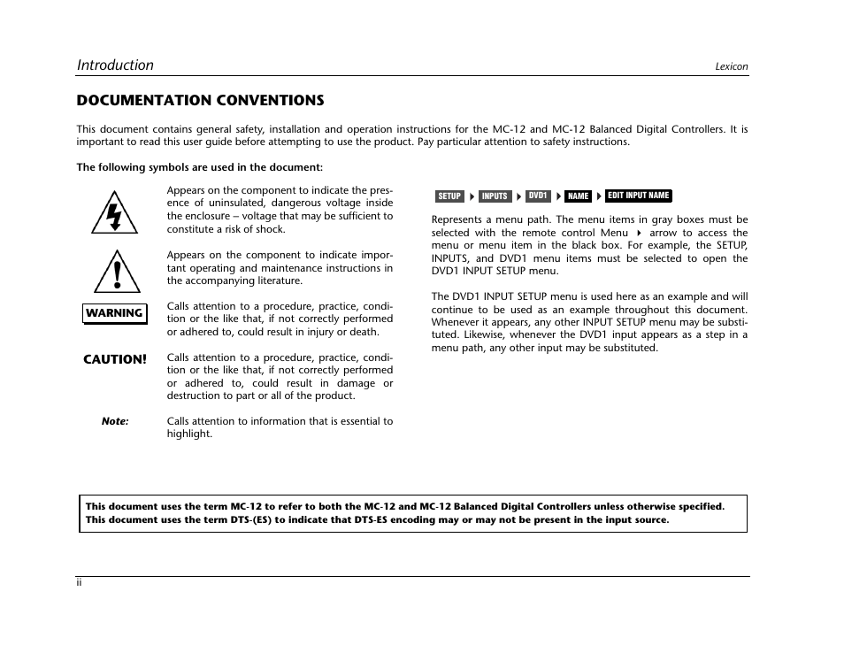 Introduction, Documentation conventions | Lexicon Digital Controller MC-12 User Manual | Page 4 / 208