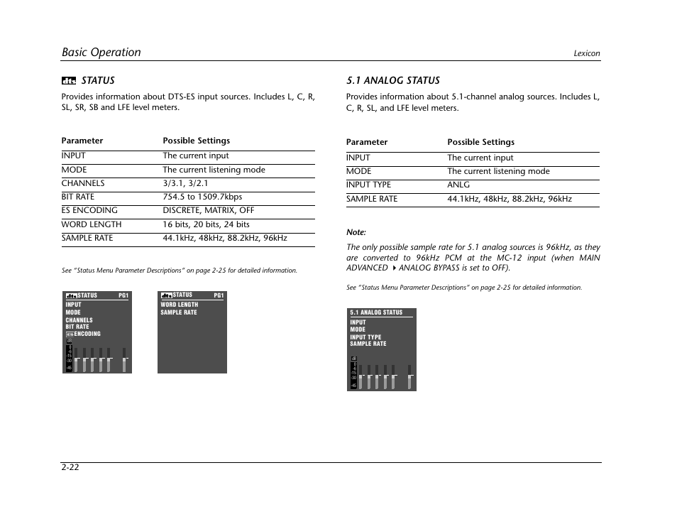 Basic operation, Status, 1 analog status | Lexicon Digital Controller MC-12 User Manual | Page 40 / 208