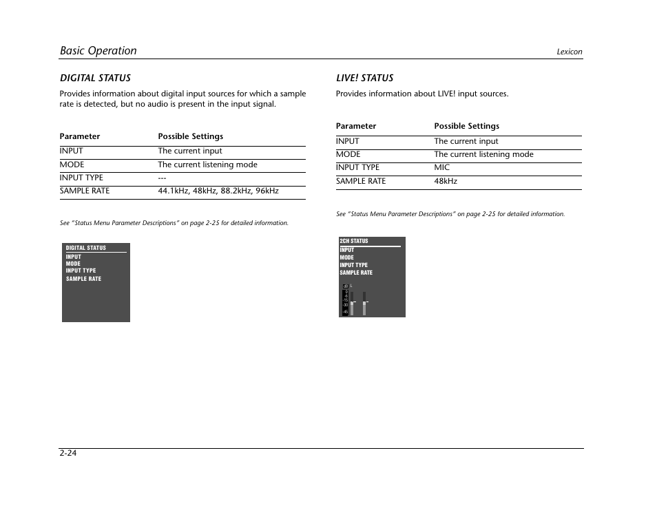 Basic operation, Digital status, Live! status | Lexicon Digital Controller MC-12 User Manual | Page 42 / 208