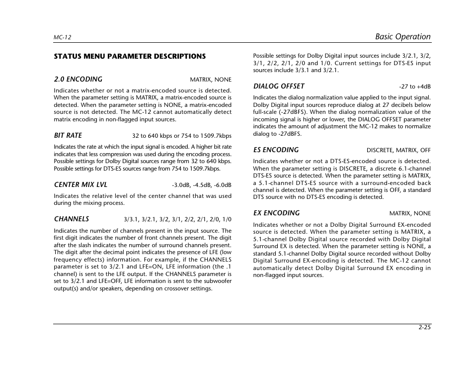 Status menu parameter descriptions -25, Basic operation | Lexicon Digital Controller MC-12 User Manual | Page 43 / 208