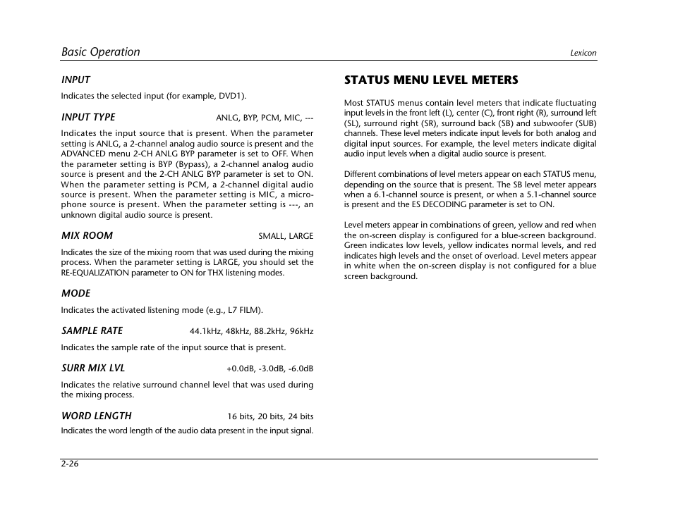 Status menu level meters -26, Basic operation, Status menu level meters | Lexicon Digital Controller MC-12 User Manual | Page 44 / 208