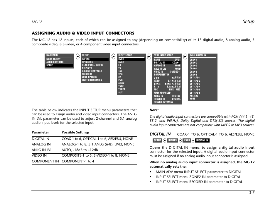 Assigning audio & video input connectors -7, Setup, Assigning audio & video input connectors | Digital in | Lexicon Digital Controller MC-12 User Manual | Page 51 / 208