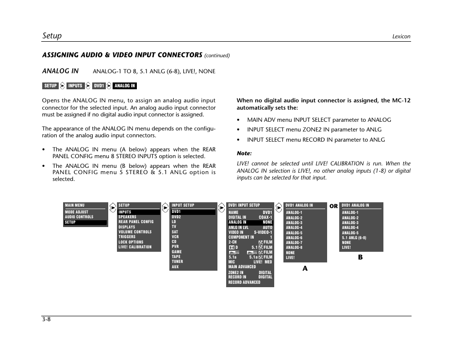 Setup, Assigning audio & video input connectors, Analog in | Lexicon Digital Controller MC-12 User Manual | Page 52 / 208