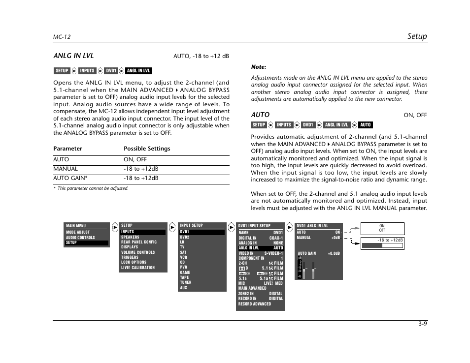 Setup, Anlg in lvl, Auto | Lexicon Digital Controller MC-12 User Manual | Page 53 / 208