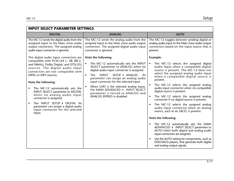 Input select parameter settings -17, Setup | Lexicon Digital Controller MC-12 User Manual | Page 61 / 208