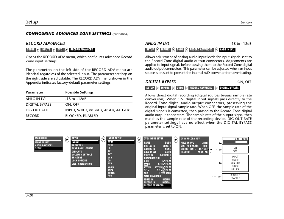 Setup, Configuring advanced zone settings, Record advanced | Anlg in lvl, Digital bypass | Lexicon Digital Controller MC-12 User Manual | Page 64 / 208