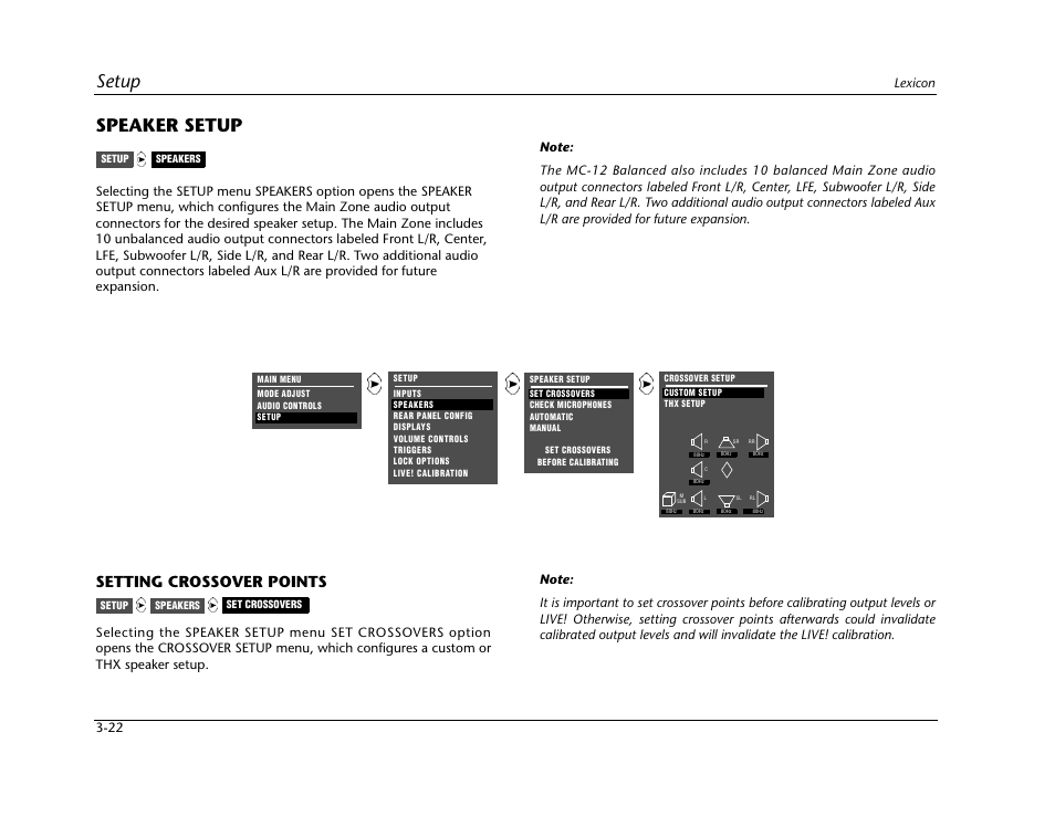 Speaker setup -22, Setting crossover points -22, Setup | Speaker setup, Setting crossover points | Lexicon Digital Controller MC-12 User Manual | Page 66 / 208