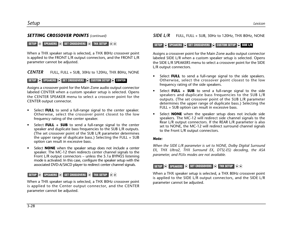 Setup, Setting crossover points, Center | Side l/r | Lexicon Digital Controller MC-12 User Manual | Page 72 / 208