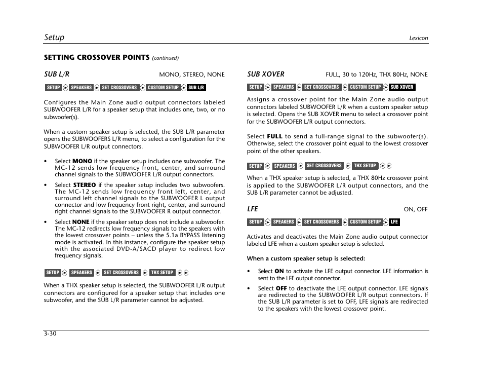 Setup, Setting crossover points, Sub l/r | Sub xover | Lexicon Digital Controller MC-12 User Manual | Page 74 / 208