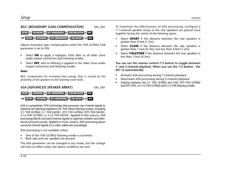 Setup, Bgc (boundary gain compensation), Asa (advanced speaker array) | Lexicon Digital Controller MC-12 User Manual | Page 76 / 208