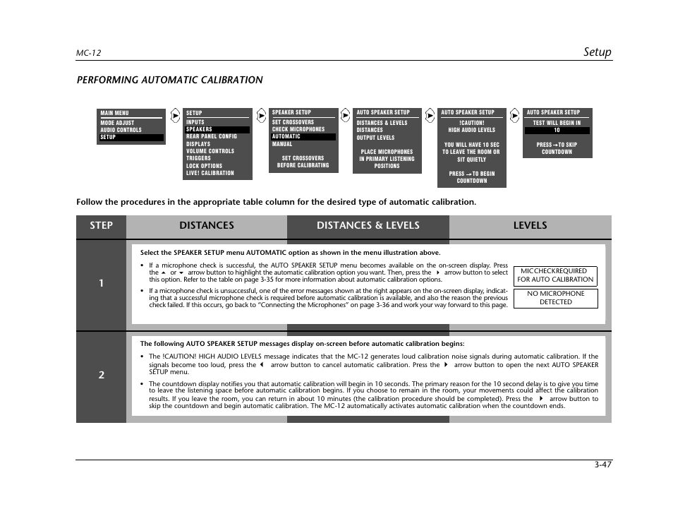 Setup, Performing automatic calibration, Step distances distances & levels levels 1 2 | Lexicon Digital Controller MC-12 User Manual | Page 91 / 208