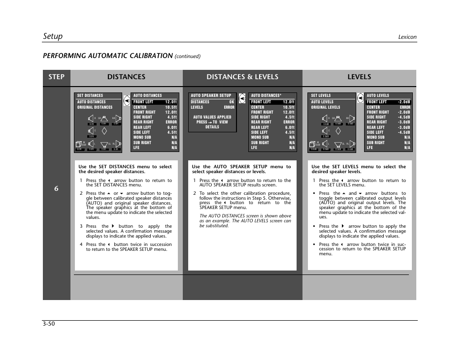 Setup, Performing automatic calibration, Step distances distances & levels levels 6 | Lexicon Digital Controller MC-12 User Manual | Page 94 / 208