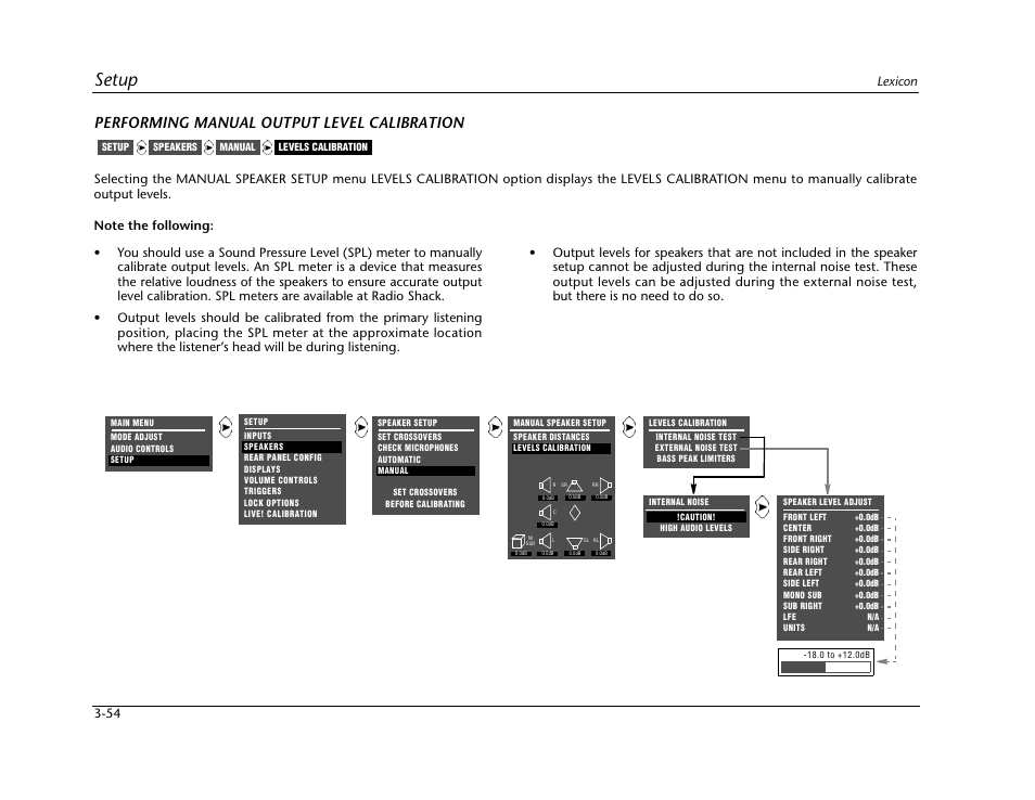 Setup, Performing manual output level calibration | Lexicon Digital Controller MC-12 User Manual | Page 98 / 208