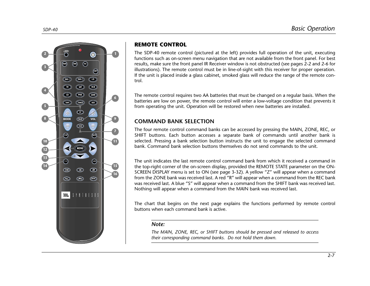 Basic operation, Remote control, Command bank selection | Sdp-40 | Lexicon SDP-40 User Manual | Page 23 / 120