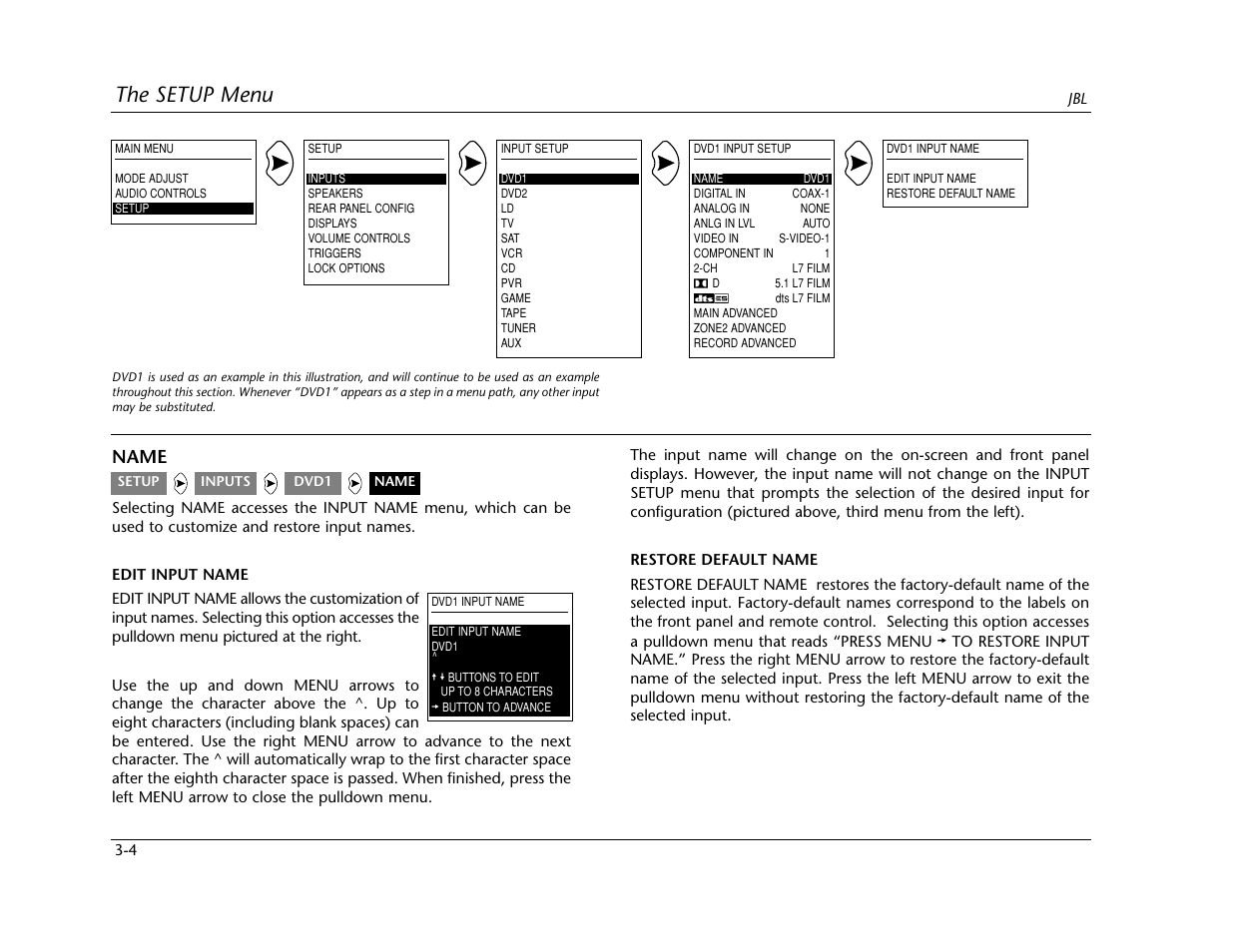 The setup menu, Name | Lexicon SDP-40 User Manual | Page 37 / 120