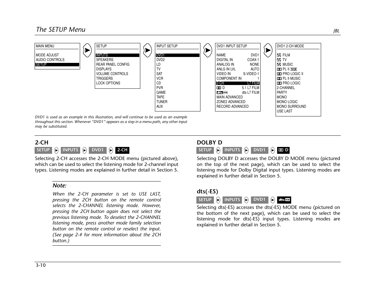 The setup menu, Dolby d, Dts(-es) | Lexicon SDP-40 User Manual | Page 43 / 120