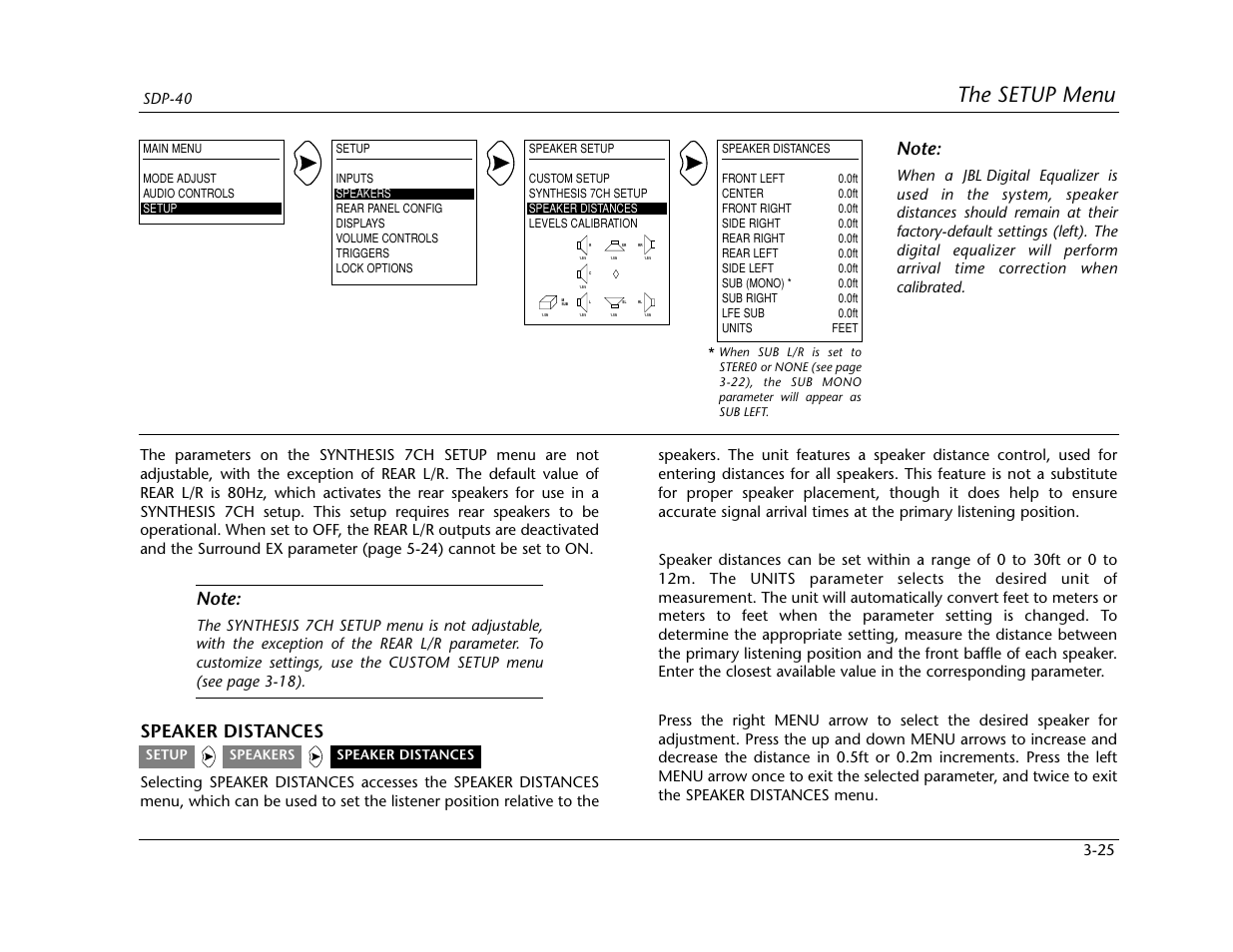 The setup menu, Speaker distances | Lexicon SDP-40 User Manual | Page 58 / 120