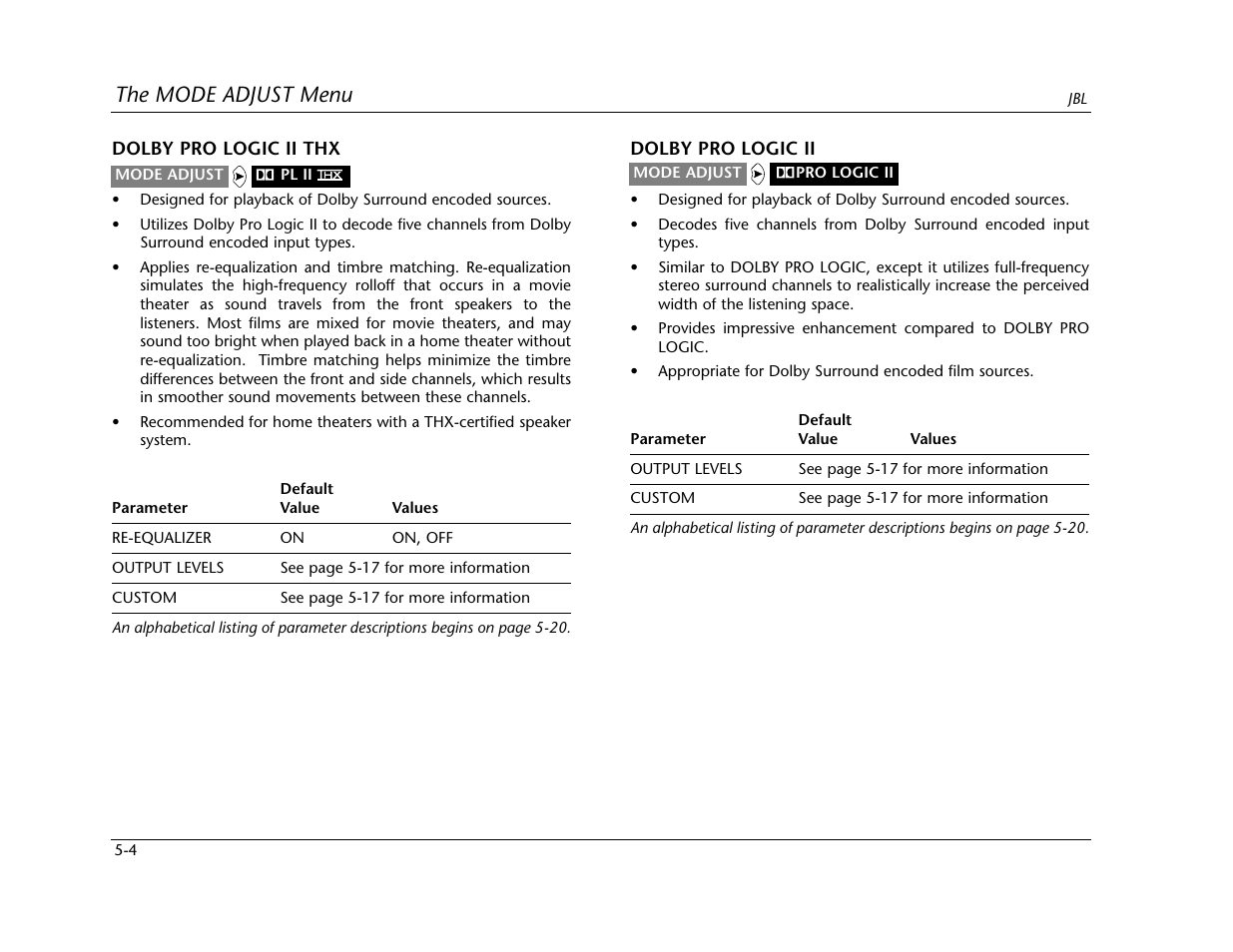 The mode adjust menu | Lexicon SDP-40 User Manual | Page 78 / 120