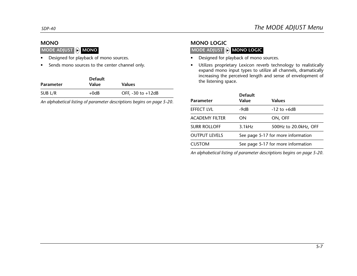 The mode adjust menu | Lexicon SDP-40 User Manual | Page 81 / 120