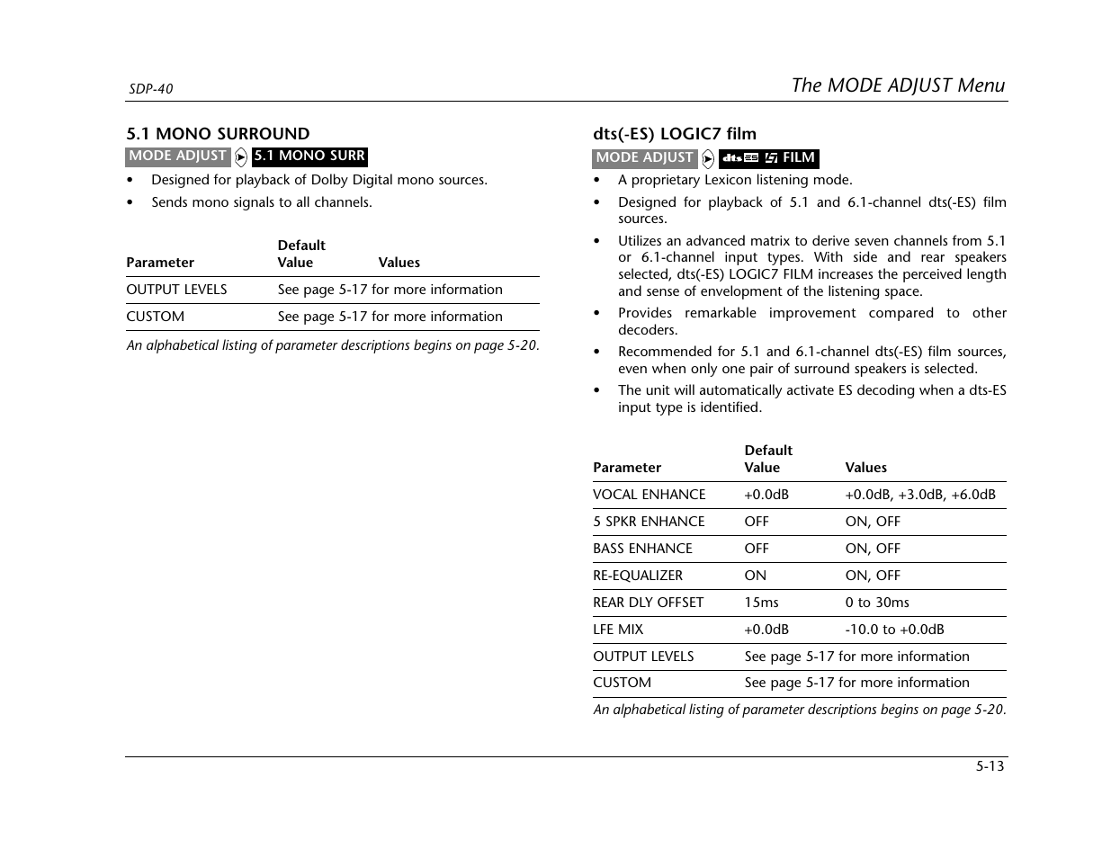 The mode adjust menu | Lexicon SDP-40 User Manual | Page 87 / 120