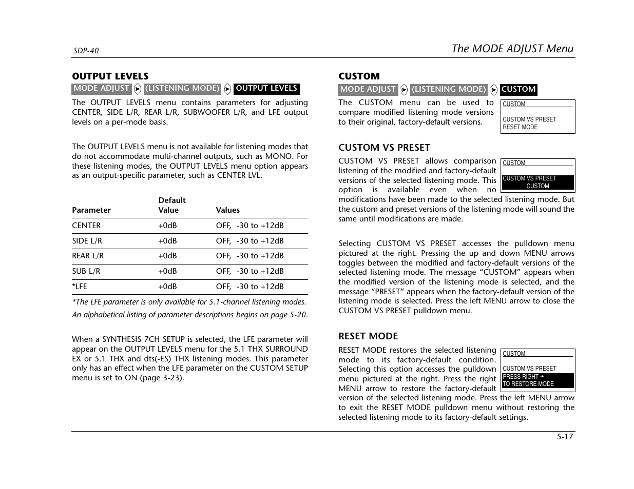 The mode adjust menu | Lexicon SDP-40 User Manual | Page 91 / 120