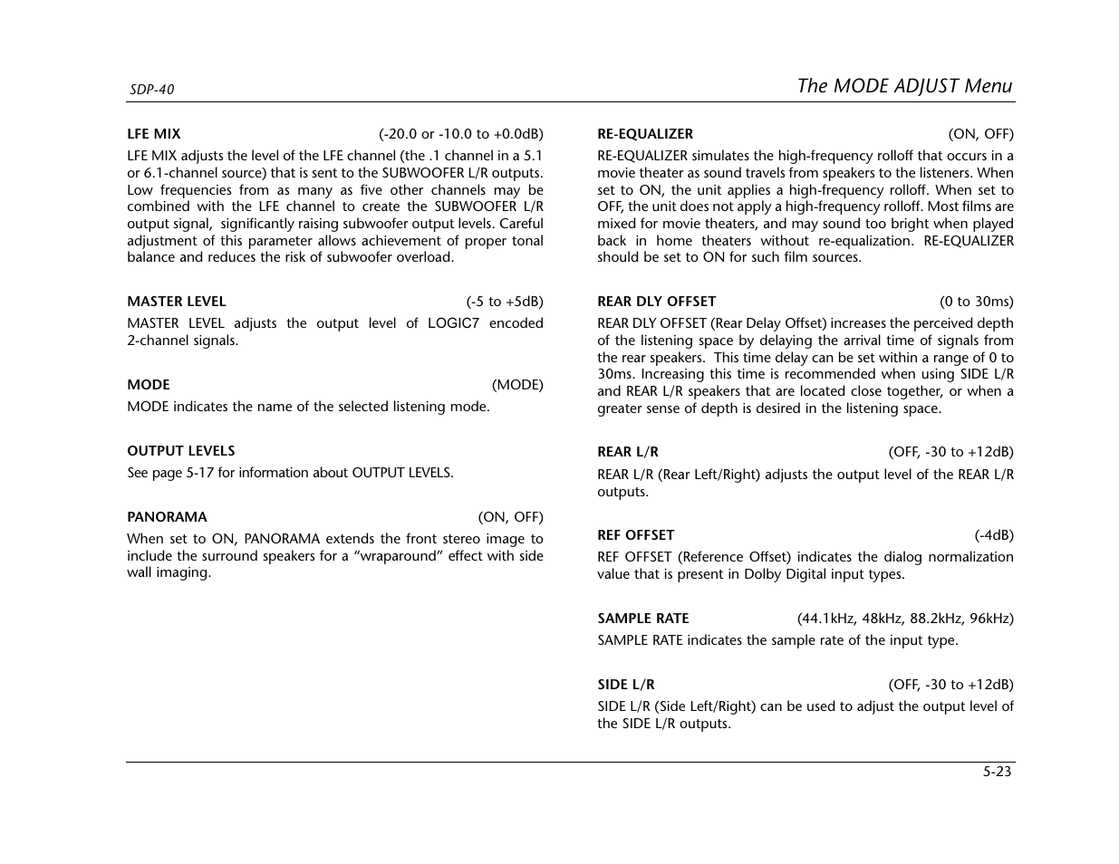 The mode adjust menu | Lexicon SDP-40 User Manual | Page 97 / 120