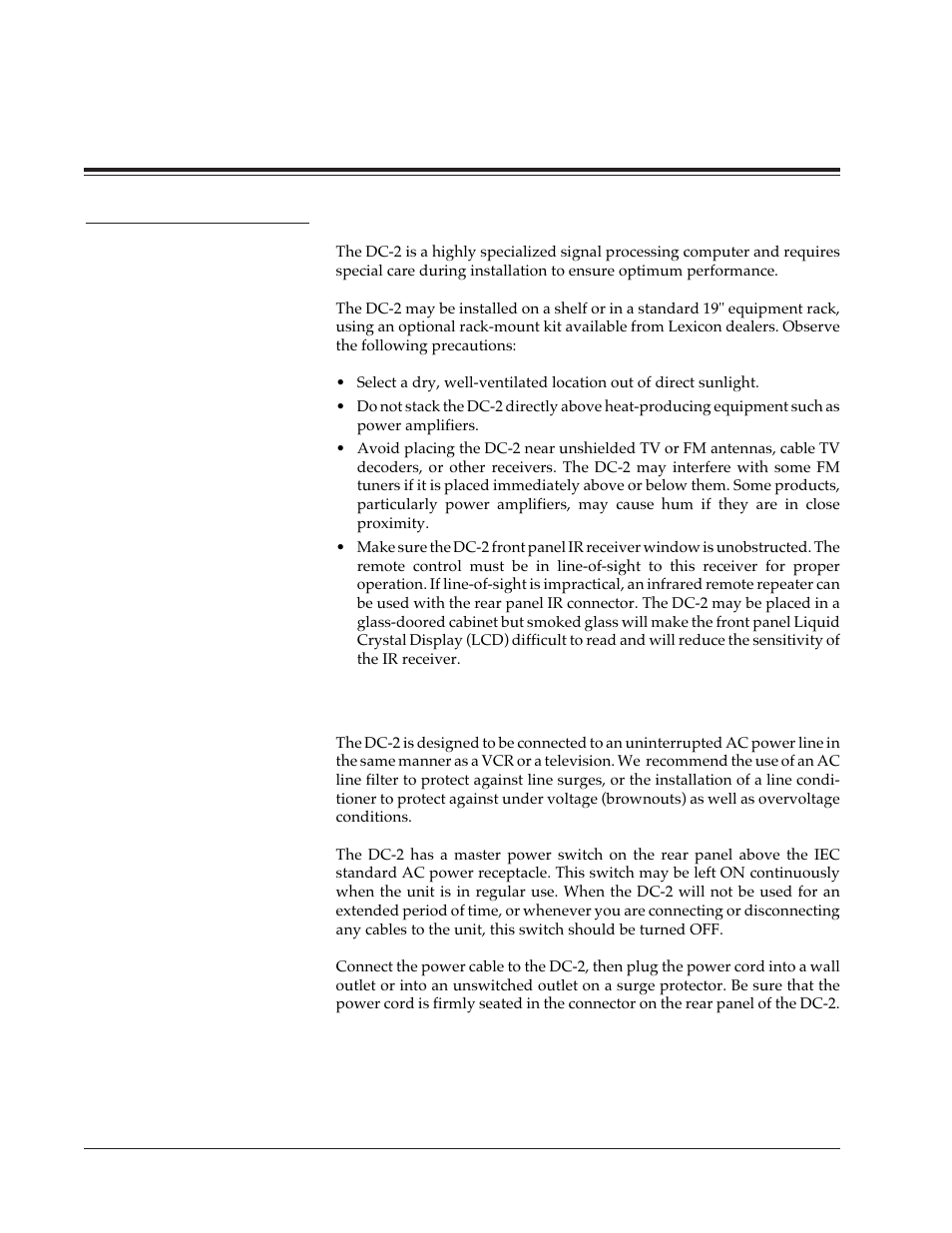 Connection, Location considerations, Ac connections | Installation | Lexicon DC-2 User Manual | Page 15 / 67