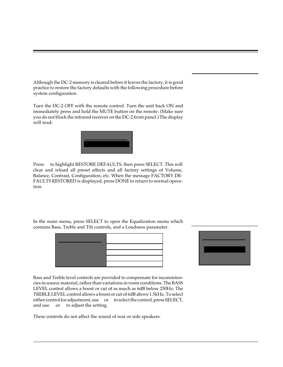 System configuration, Restore factory defaults, Equalization | Lexicon DC-2 User Manual | Page 19 / 67