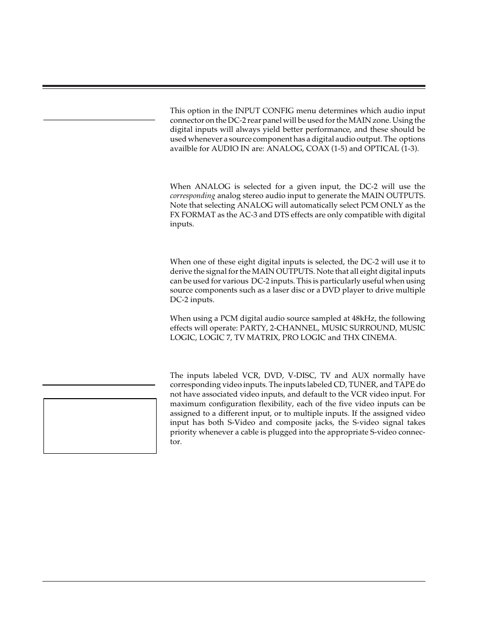 Audio in, Analog, Coax 1-5 and optical 1-3 (digital audio inputs) | Video in, System configuration | Lexicon DC-2 User Manual | Page 28 / 67