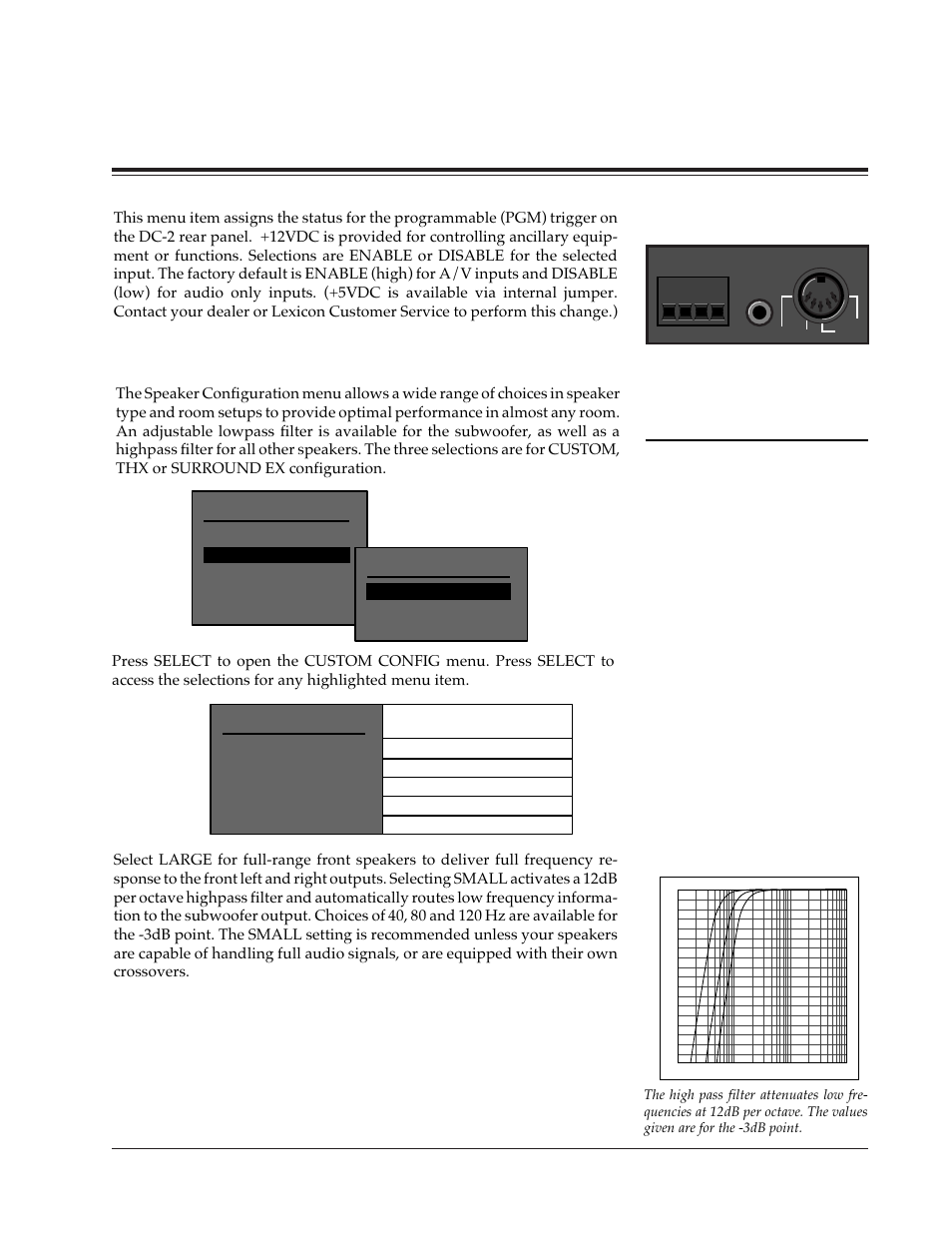 Pgm trigger assignment, Speaker configuration, Custom configuration | Front l/r, System configuration, Adjust with or small small dipole small small yes, 23 dc-2 digital controller | Lexicon DC-2 User Manual | Page 31 / 67