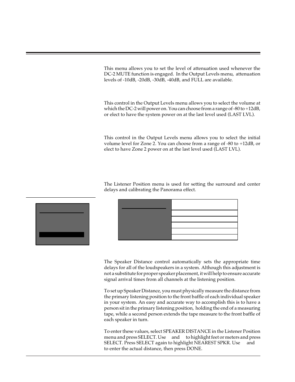 Mute level, Power on volume, Zone 2 power on volume | Setting listener position, Speaker distance, System configuration | Lexicon DC-2 User Manual | Page 36 / 67