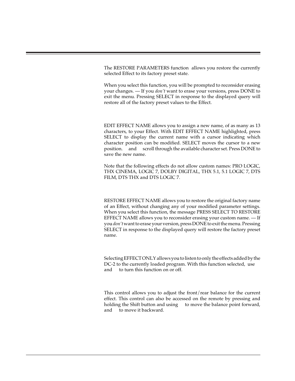 Naming your custom effect, Restoring the original effect name, Listening to only the dc-2 effect | Front/back fader, System configuration | Lexicon DC-2 User Manual | Page 42 / 67