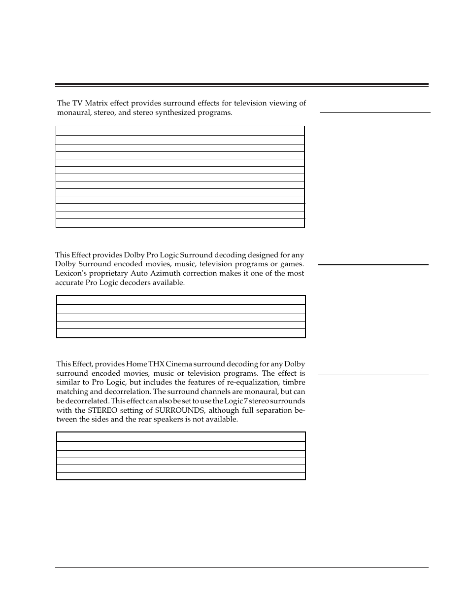Tv matrix, Pro logic, Thx cinema | Pcm effects and parameters | Lexicon DC-2 User Manual | Page 47 / 67